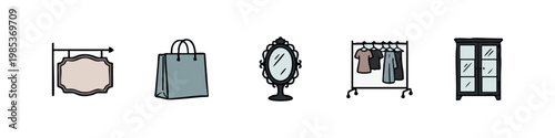 Hand-drawn set of retail, fashion, and home furnishing icons: shop sign, shopping bag, mirror, clothing rack, wardrobe.