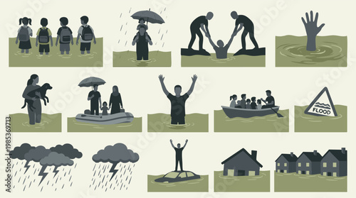 Flood disaster scenarios, emergency rescue, and people affected by heavy rain