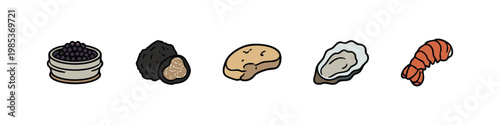 Hand-drawn set of gourmet and luxury food ingredients icons: caviar, truffle, foie gras, oyster, and shrimp.
