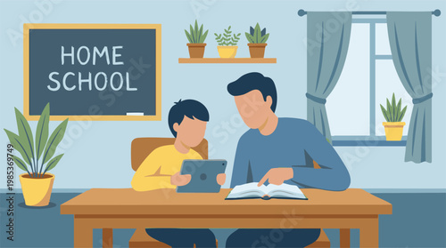 Father and son homeschooling, learning together with book and tablet