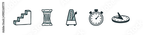 Hand-drawn set of progress, rhythm, and time measurement icons: stairs, column, metronome, stopwatch, and sundial.