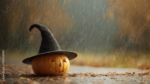 Carved Halloween Pumpkin Wearing a Black Witch Hat Outdoors on a Rainy Autumn Day with Fallen Leaves on the Ground and a Blurred Forest Background