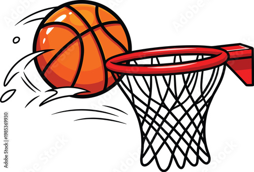 Basketball Ball Flying into Hoop with Splash Effect for Sports, Game, and Action Designs