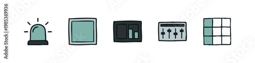 Technology and interface icons: warning light, smartphone, server, audio mixer, and grid.
