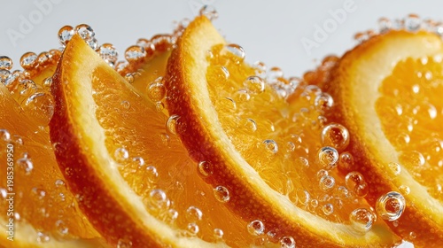Close Up Macro Shot Of Fresh Orange Slices Submerged In Sparkling Water With Bubbles And Light Reflections