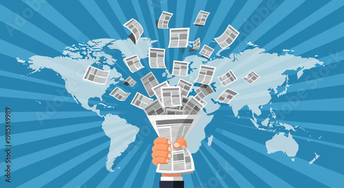 World Press Freedom Day Illustration - Hand Holding Newspaper with Flying News Global World Map Vector