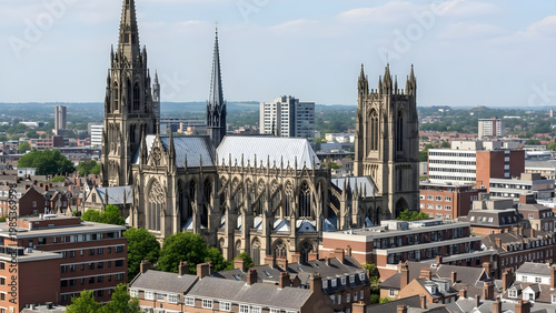Historic cathedral standing tall amidst modern cityscape with buildings and trees