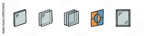 Hand drawn doodle icons depicting various types of glass panes and window components.