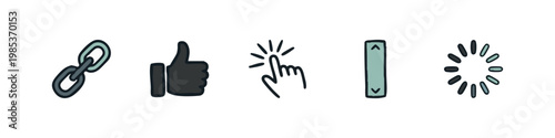 Hand drawn doodle icons representing interactive UI elements such as chain link, thumbs up, click, scroll, and loading spinner.