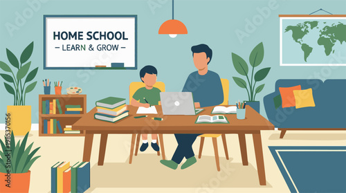 Father and son homeschooling at home, remote learning and education