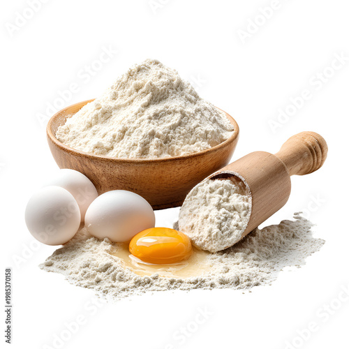 Fresh baking ingredients with flour, eggs, and rolling pin on wooden surface