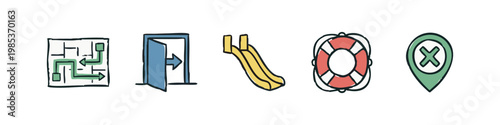Hand drawn doodle icons related to navigation, safety, and recreation: map, open door, slide, lifebuoy, and marked location.