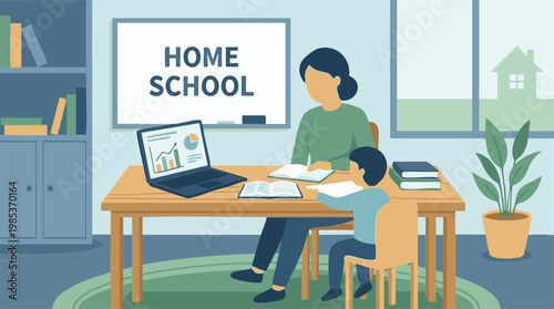 Homeschooling: parent and child learning at desk with laptop and books