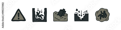 Hand drawn doodle icons for various falling and ground hazards: warning triangle, person falling, objects falling, and sinking.