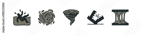Hand drawn doodle icons illustrating natural dangers: quicksand, swirling mud, tornado, crumbling earth, and instability.