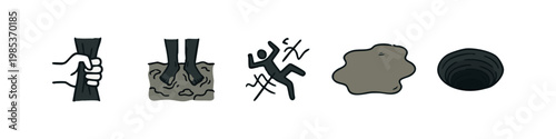 Hand drawn doodle icons showing various dangers: hand holding rope, sinking feet, electrocution, mud, and a hole.