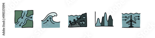 Hand drawn doodle icons related to marine science: river currents, ocean waves, marine life, topography, and tidal energy.