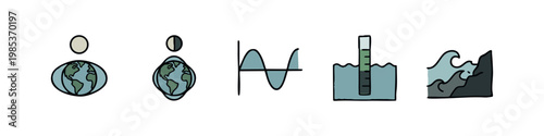 Hand drawn doodle icons explaining tidal phenomena: earth and moon phases, sine wave, tide gauge, and waves.
