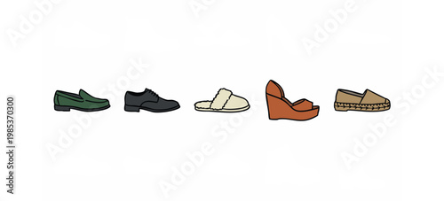 Assorted shoes: loafers, dress shoes, slippers, wedges, espadrilles