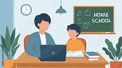 Parent and child engaged in homeschooling, learning online and from books.