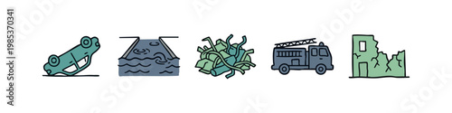 Disaster icons: overturned car, flooded road, debris, fire truck, ruined building