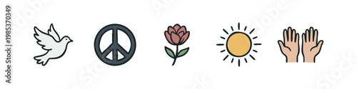 Peace and hope icons: dove, peace sign, rose, sun, open hands