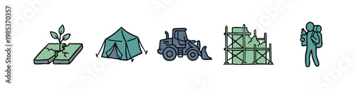Reconstruction icons: sprout, tent, bulldozer, scaffolding, person with backpack