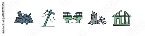 Disaster icons: rubble, broken pole, cracked bridge, dead tree, damaged house