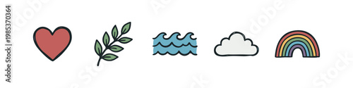 Nature and positivity icons: heart, branch, waves, cloud, rainbow