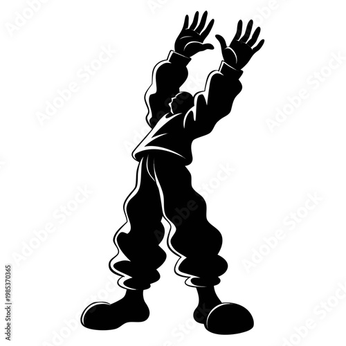 Black silhouette illustration of person, hands raised, minimalist vector graphic, dance or celebration pose