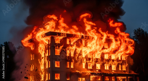 A large building engulfed in flames at dusk with smoke rising.
