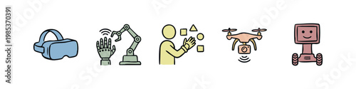 Futuristic and technology icons: VR headset, robot arm, AI interaction, drone, robot