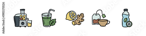Set of 5 hand-drawn icons related to healthy drinks and ingredients