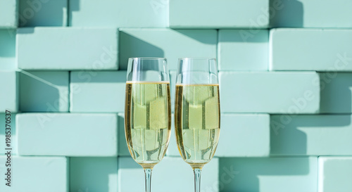 Two champagne glasses on a colorful mint green brick wall background