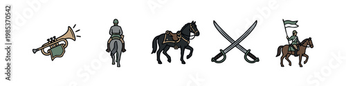 Set of 5 hand-drawn icons representing military cavalry and equipment
