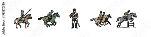 Set of 5 hand-drawn icons depicting military cavalry and elements