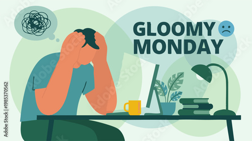 Stressed person on Gloomy Monday with tangled thoughts, feeling overwhelmed