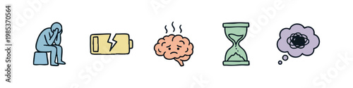 Set of 5 hand-drawn icons representing stress, fatigue, and mental overload