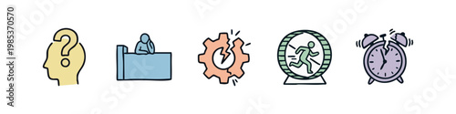 Set of 5 hand-drawn icons illustrating mental challenges and time pressure