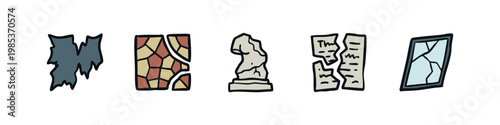 Set of 5 hand-drawn icons for damaged items and historical artifacts