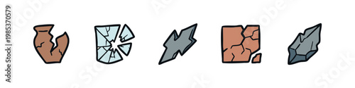 Set of 5 hand-drawn icons representing broken objects and damage