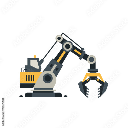 Yellow excavator machine with hydraulic claw on white background, construction equipment illustration