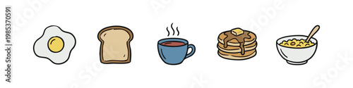 Set of 5 hand-drawn icons representing breakfast food items