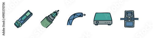 Set of 5 hand-drawn icons: connector, fiber optic cable, curve, server, satellite