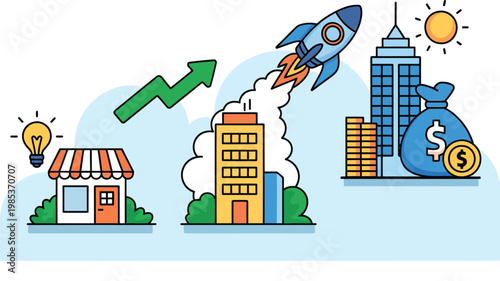 The journey of a business from startup to corporate success and financial growth, vector concept showing progression stages, rising charts, and evolving office structures, 