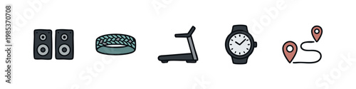Exercise and Fitness Icons: Speakers, Resistance Band, Treadmill, Watch, Map Pins