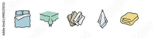 Set of 5 hand-drawn icons: bedding, tablecloth, napkins, towel, blanket
