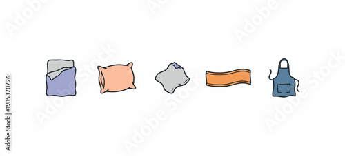 Set of 5 hand-drawn icons: sleeping bag, pillow, rag, ribbon, apron