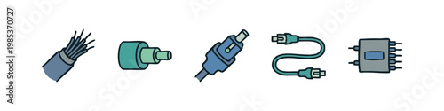 Set of 5 hand-drawn icons: fiber optic cable, connector, plug, cable, chip