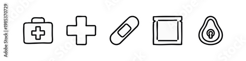 Set of 5 hand-drawn icons: first aid kit, cross, bandage, packet, mask